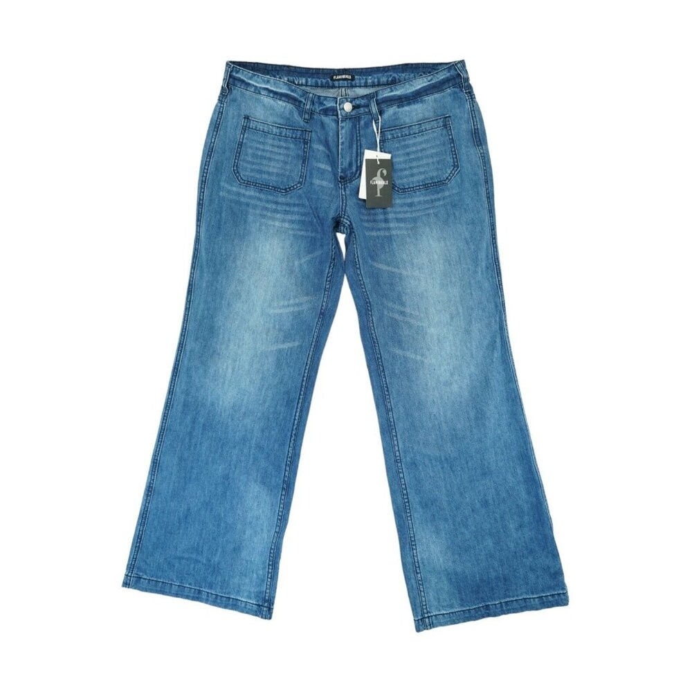 NWT Flamingals Women's Wide-leg Jeans with Front Pockets Denim XL ~Blue Mid Rise